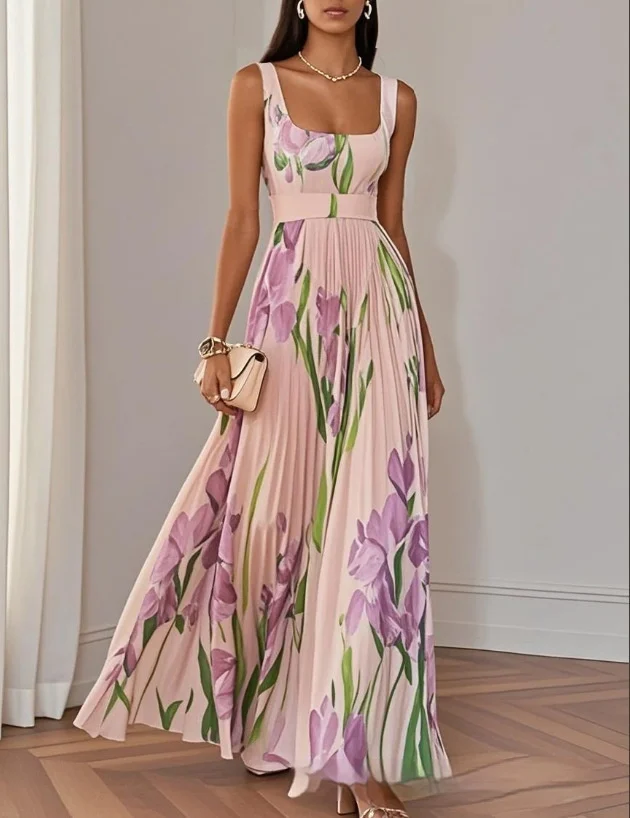 Floral Print Pleated Dress Summer A-Line Sleeveless Midi Dresses Women's Clothing - Image 3