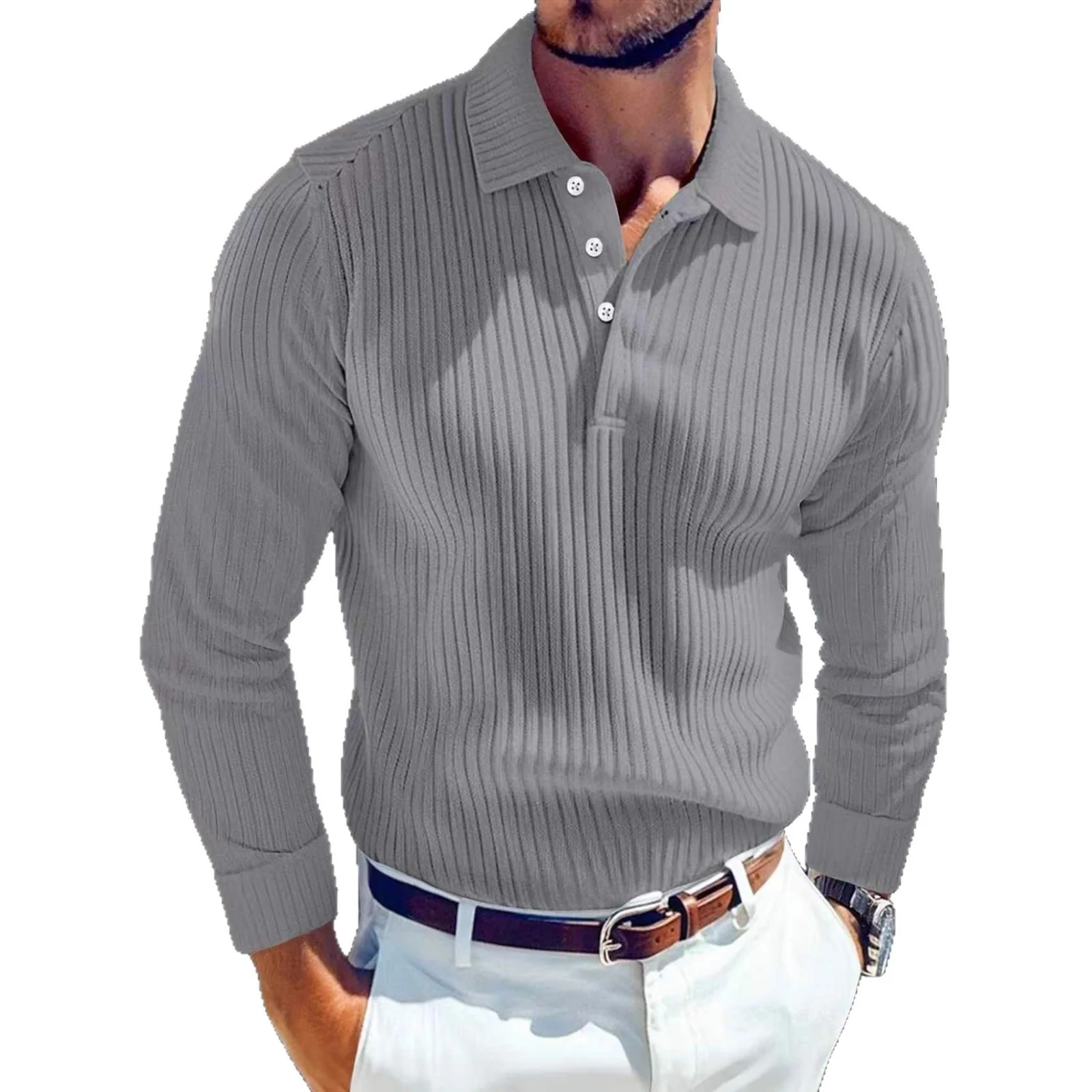 Men's Polo T-shirt With A Turn-down Collar Spring Summer Business Buttoned Long-sleeve Sports Retro Style Striped Polo Shirt For Daily Wear - Image 4