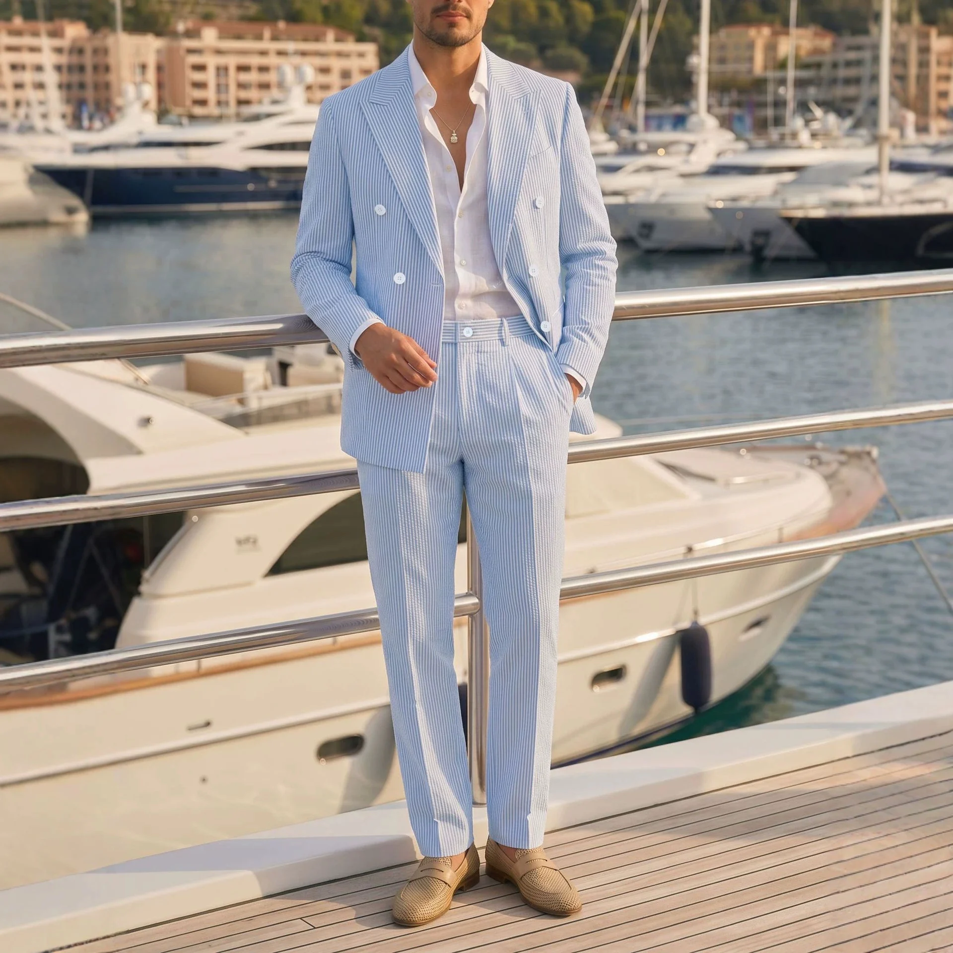 Mens Business Gentleman Striped Double-Breasted Suit Set