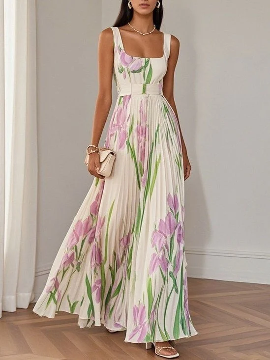 Floral Print Pleated Dress Summer A-Line Sleeveless Midi Dresses Women's Clothing - Image 5