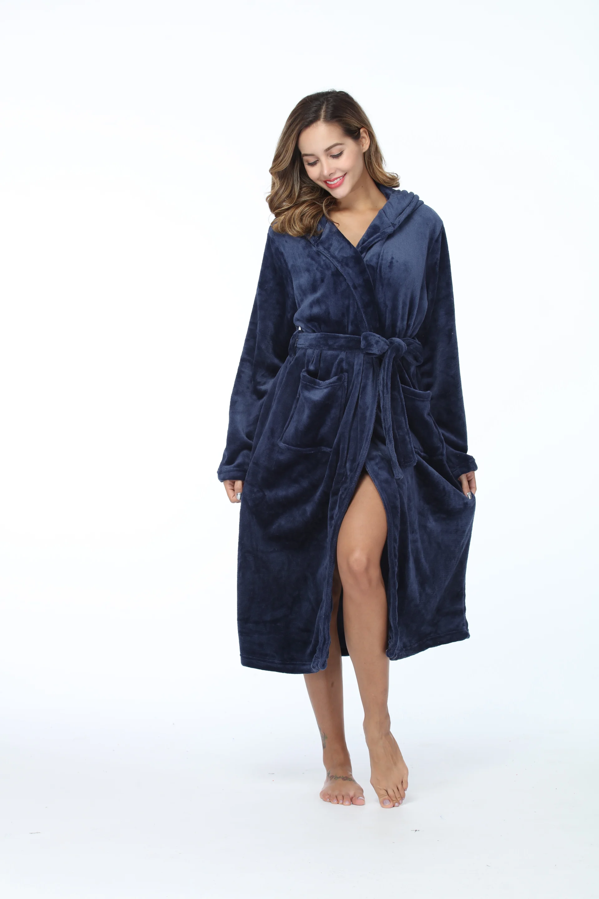 RONGTAI Womens Long Robes Plush Fleece Nightgown Thick Hooded Bathrobe With Pockets Fluffy Sleepwear For Men - Image 6