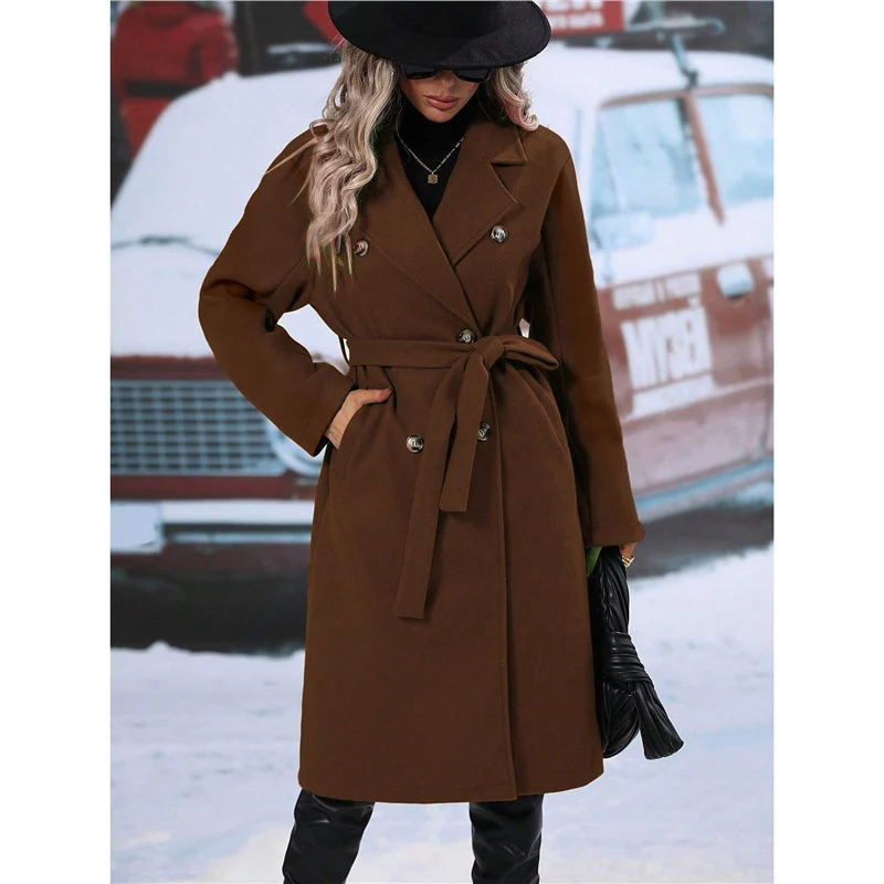 Lapel Double-breasted Trench Coat With Belt Winter Fashion Solid Color Long Jacket Outwear Women Clothing - Image 5