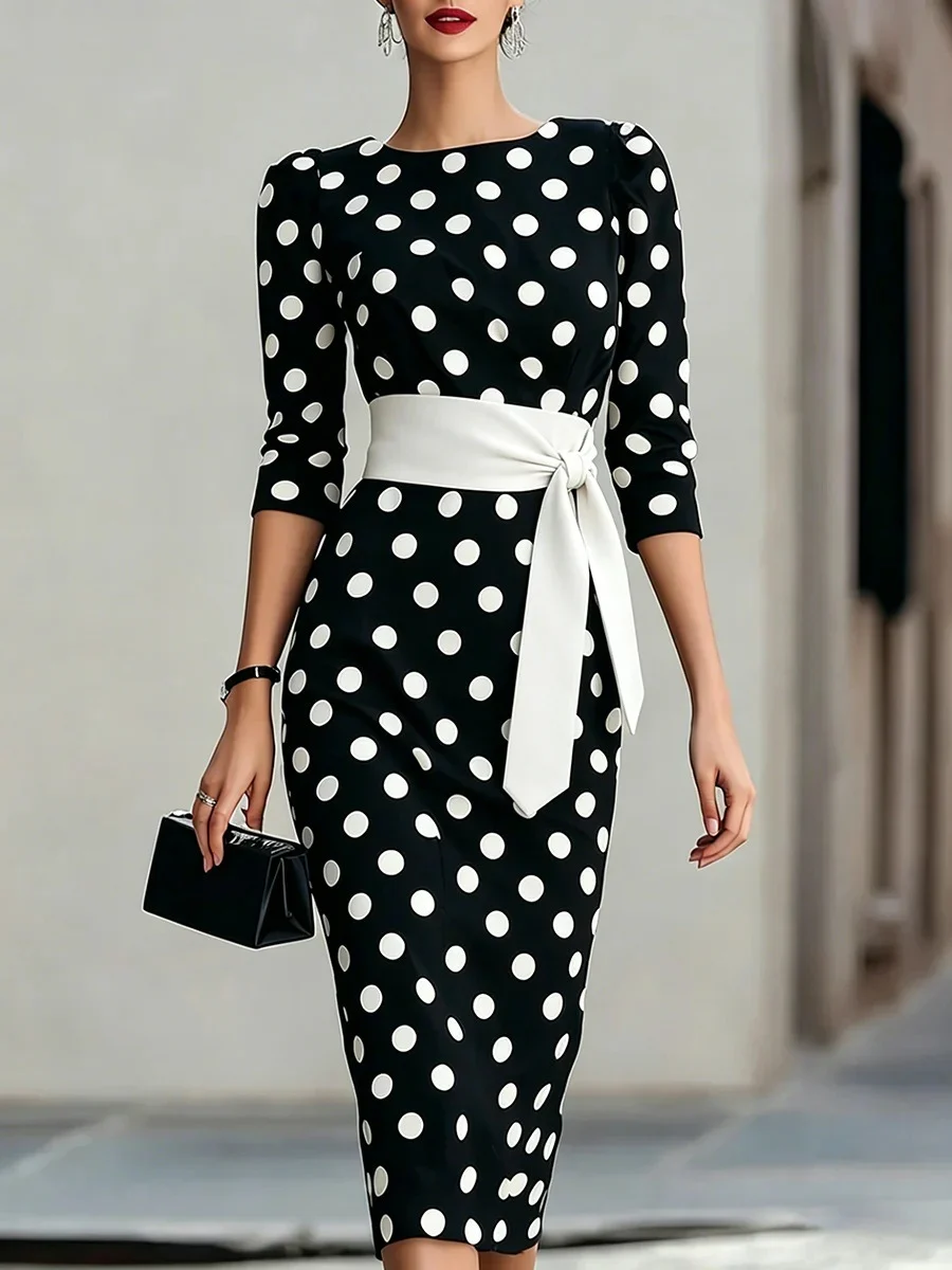 Retro Polka-dot Navy Blue Belted Waist-hugging Elegant Dress - Image 4