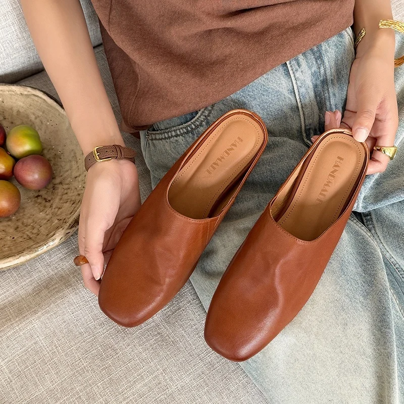 Women's Handmade Full-Grain Sheepskin Closed-Toe Mules, Square Toe Slip-On Flat Slides - Image 6
