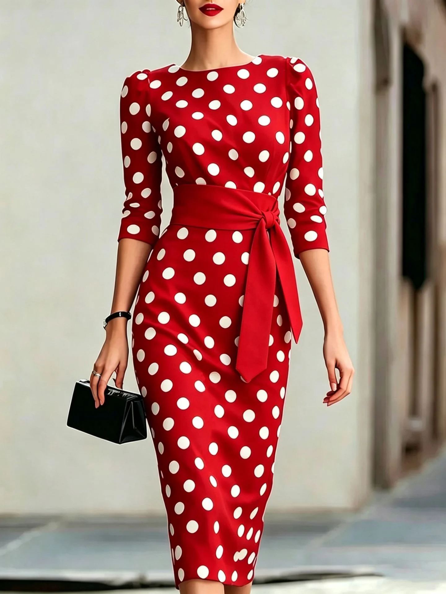 Retro Polka-dot Navy Blue Belted Waist-hugging Elegant Dress - Image 8