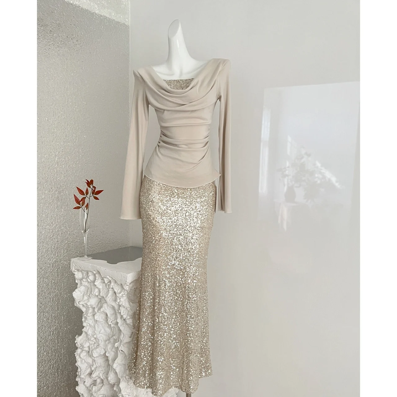 Women's Champagne Gold Sequin Two-Piece Evening Gown Set Ruched Top Mermaid Skirt Formal Party Dress