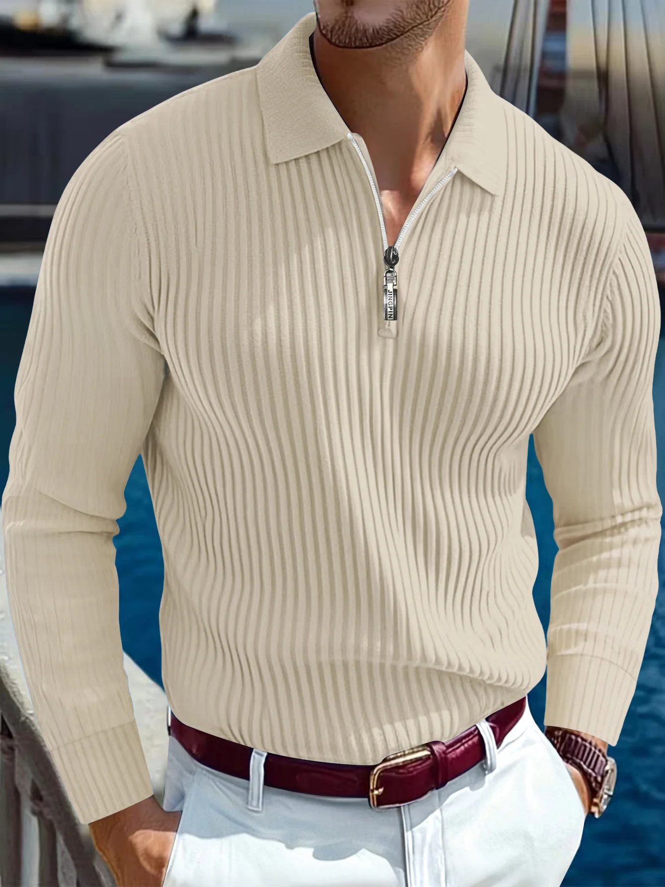Men's Polo T-shirt With A Turn-down Collar Spring Summer Business Buttoned Long-sleeve Sports Retro Style Striped Polo Shirt For Daily Wear - Image 6