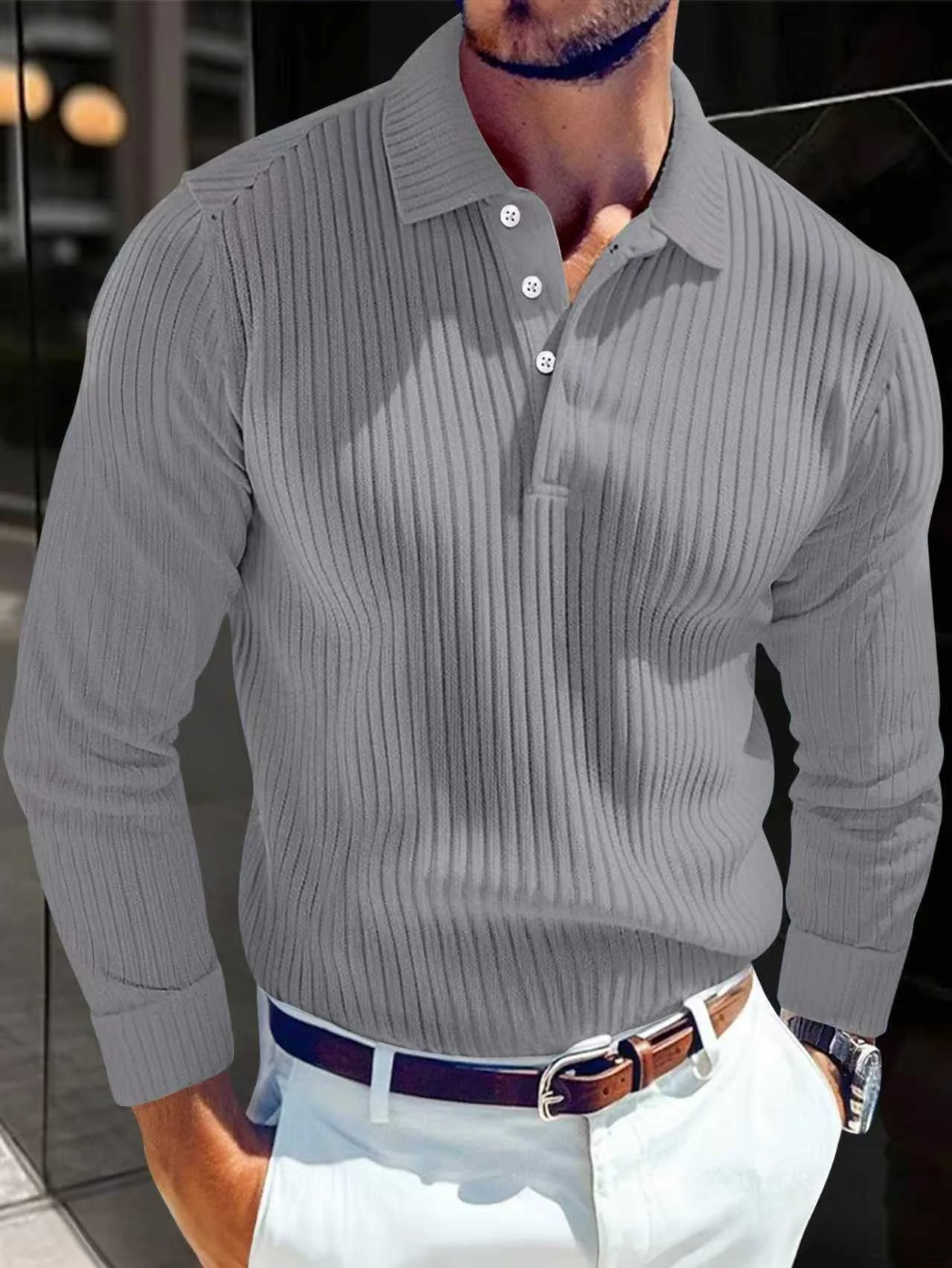 Men's Polo T-shirt With A Turn-down Collar Spring Summer Business Buttoned Long-sleeve Sports Retro Style Striped Polo Shirt For Daily Wear - Image 3