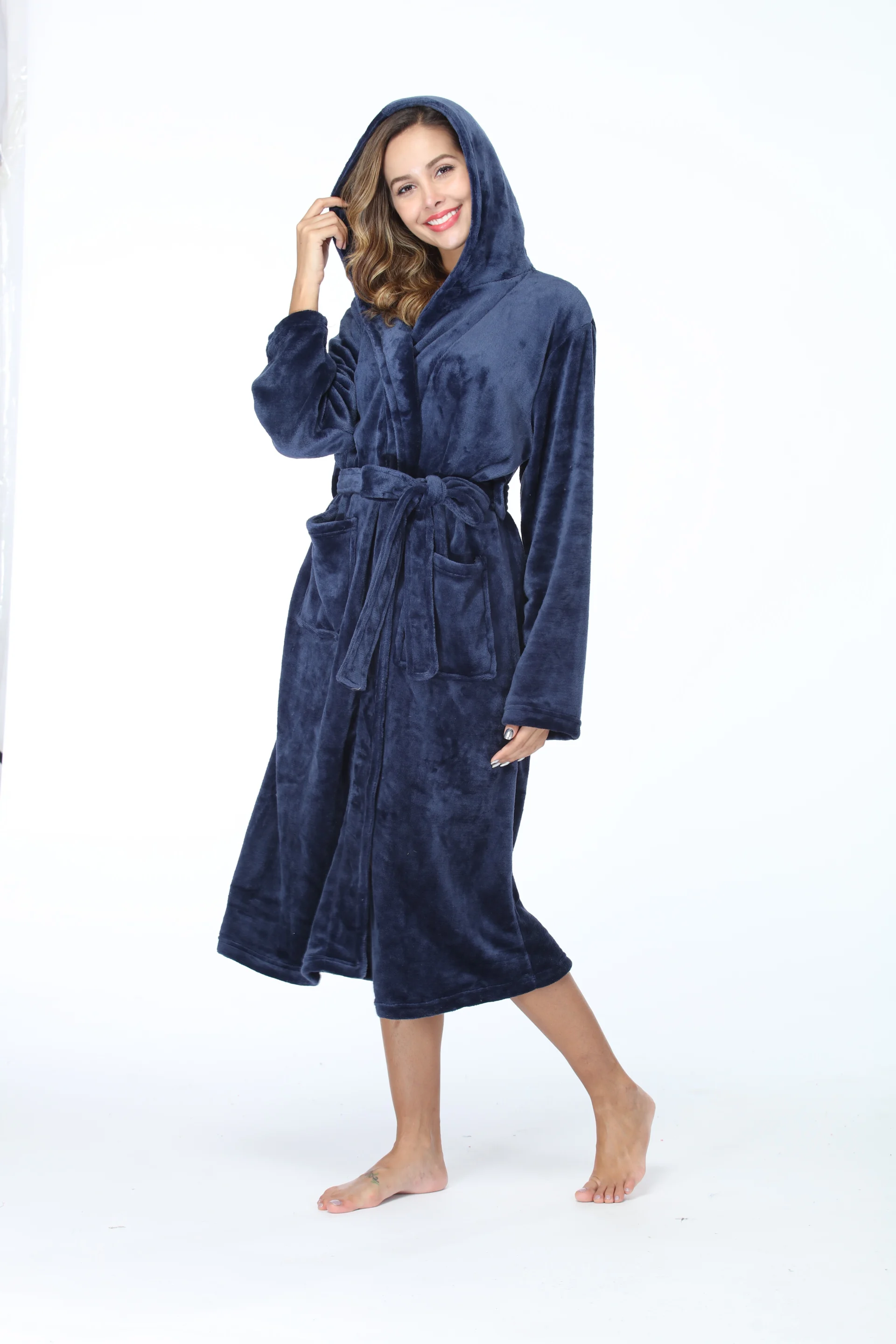 RONGTAI Womens Long Robes Plush Fleece Nightgown Thick Hooded Bathrobe With Pockets Fluffy Sleepwear For Men - Image 3
