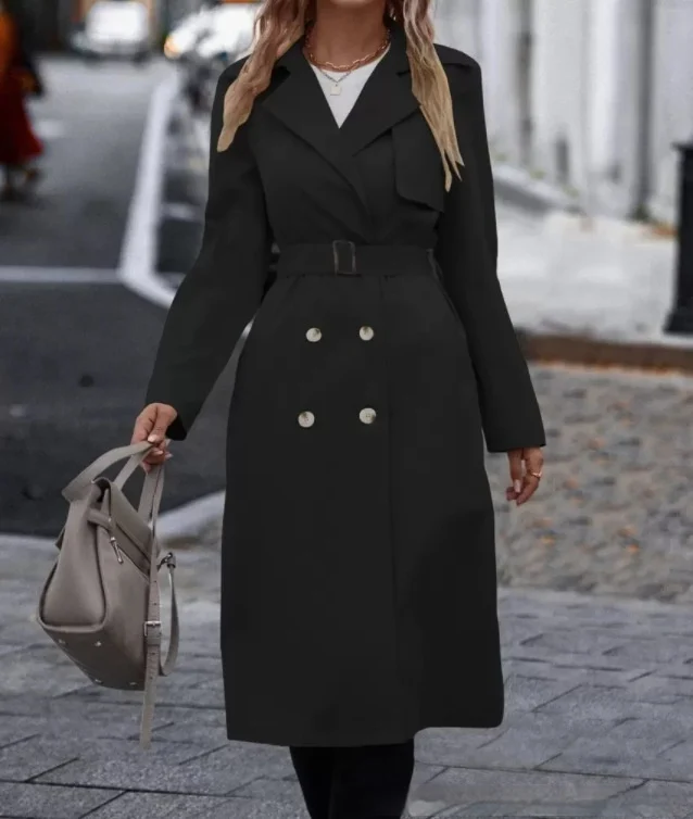 Lapel Double-breasted Trench Coat With Belt Winter Fashion Solid Color Long Jacket Outwear Women Clothing - Image 8