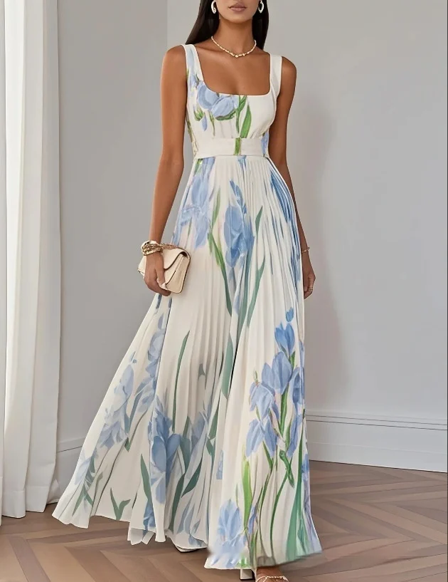 Floral Print Pleated Dress Summer A-Line Sleeveless Midi Dresses Women's Clothing - Image 10