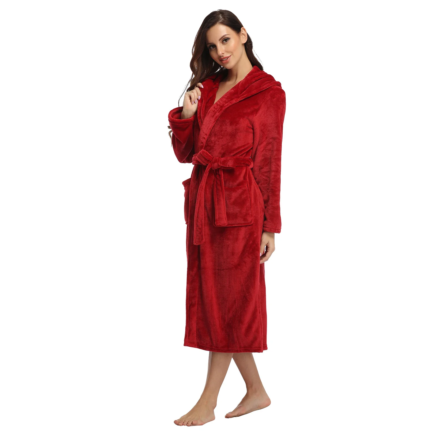 RONGTAI Womens Long Robes Plush Fleece Nightgown Thick Hooded Bathrobe With Pockets Fluffy Sleepwear For Men - Image 6