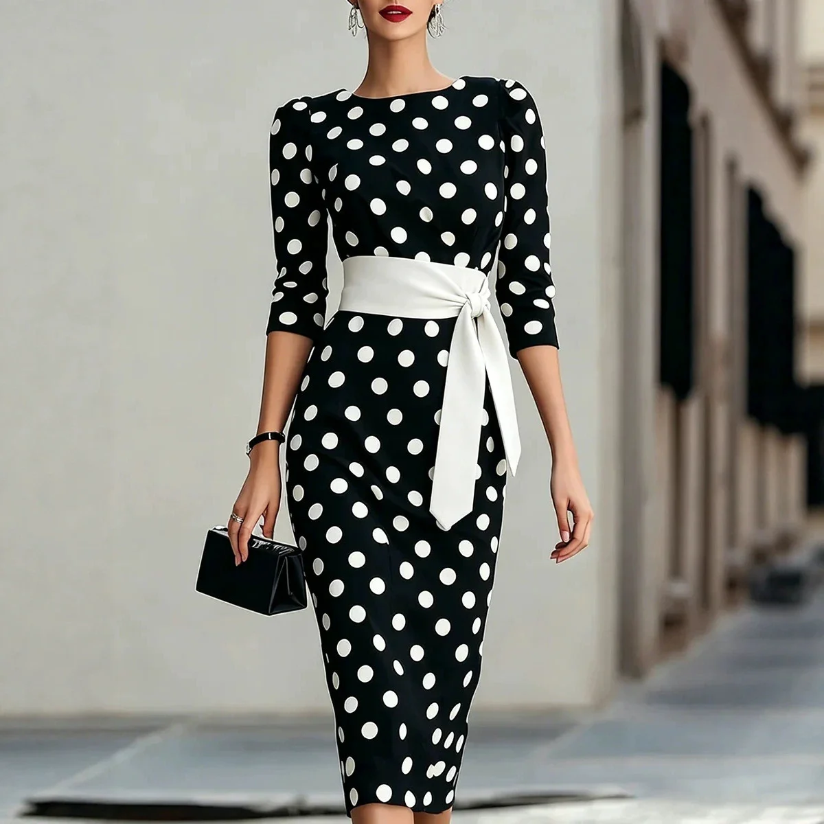 Retro Polka-dot Navy Blue Belted Waist-hugging Elegant Dress - Image 3