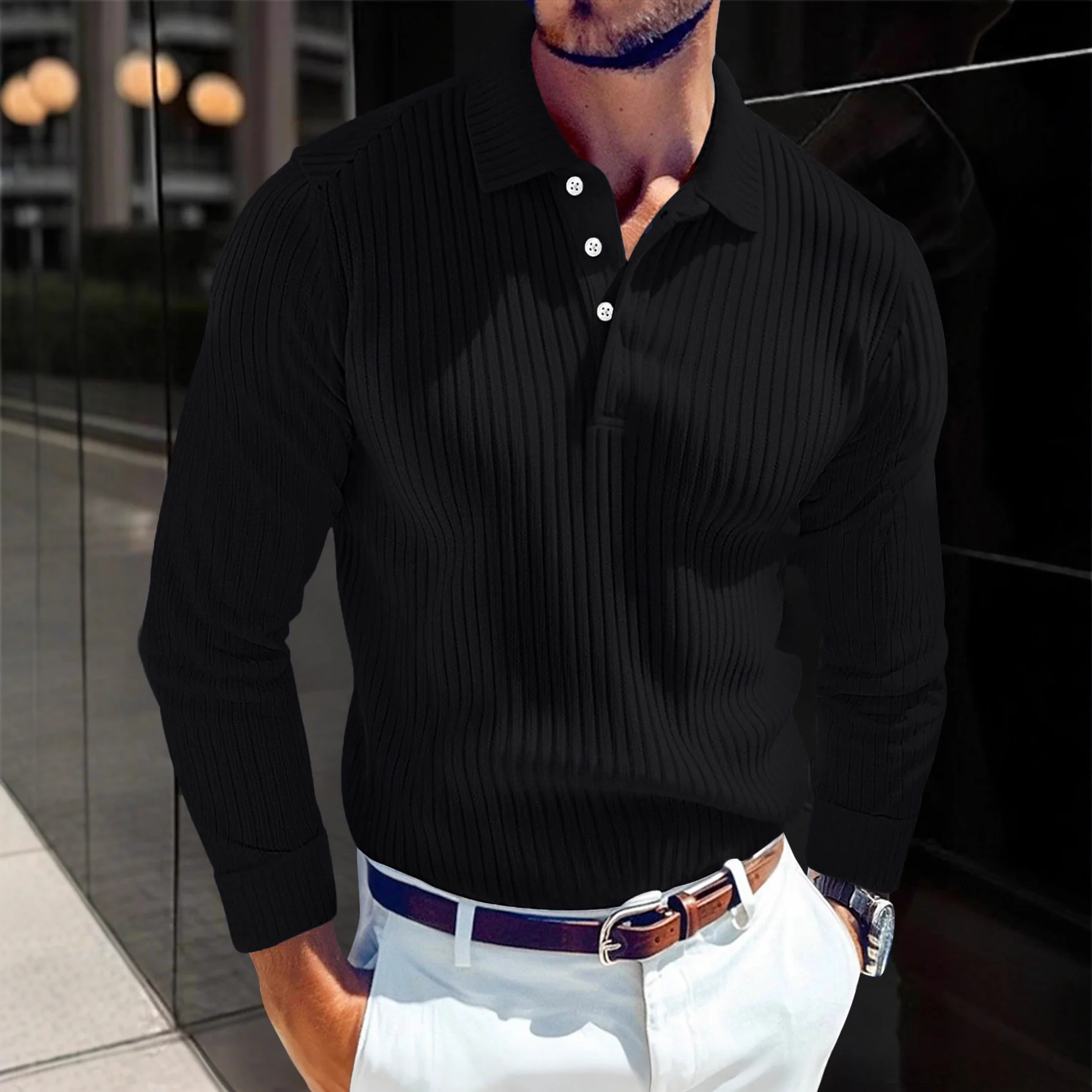 Men's Polo T-shirt With A Turn-down Collar Spring Summer Business Buttoned Long-sleeve Sports Retro Style Striped Polo Shirt For Daily Wear - Image 10