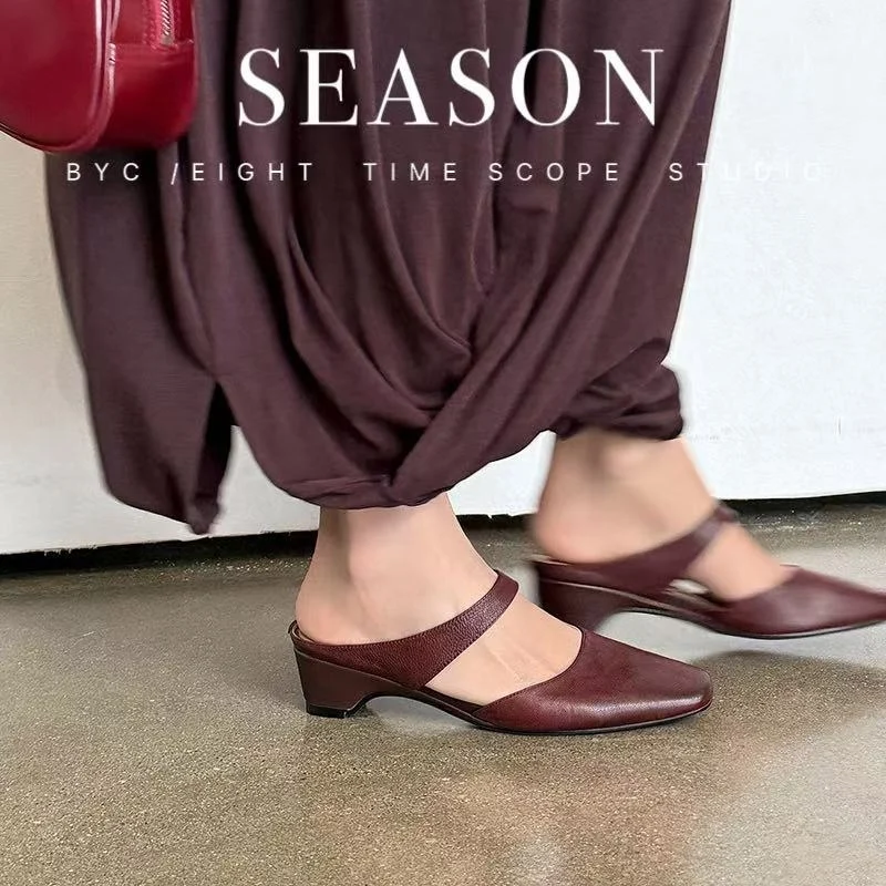 Women's Handmade Washed Leather Mary Jane Mules, Square Toe Mid Heel Slip-On Slides With Pigskin Lining - Image 9