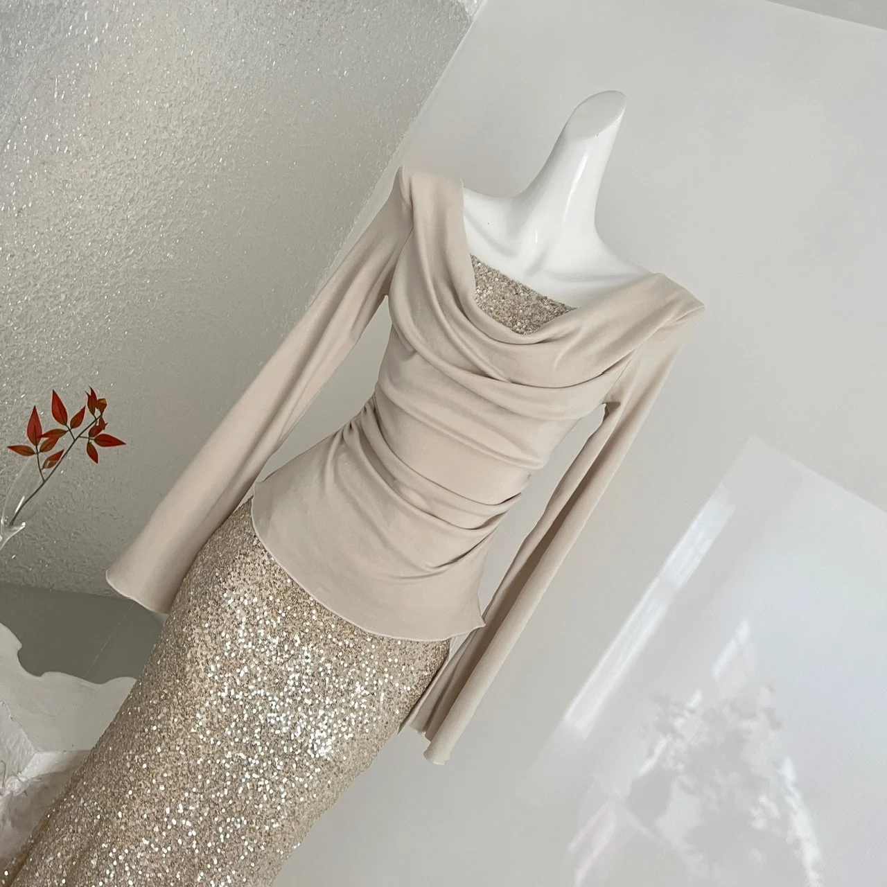 Women's Champagne Gold Sequin Two-Piece Evening Gown Set Ruched Top Mermaid Skirt Formal Party Dress - Image 5