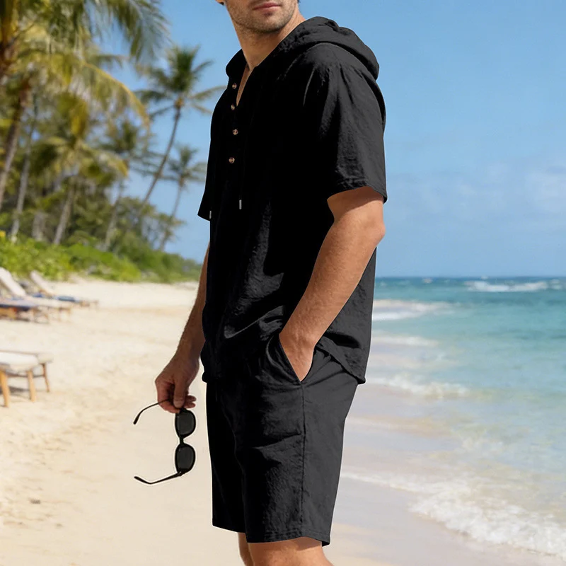 Men's Linen Hooded Casual Set - Loose Fit Breathable Two-Piece Outfit For Summer Daily Wear Holiday Outfit - Image 2