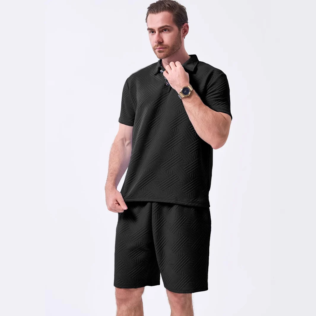 New Mens Solid-color Jacquard Casual Short-sleeve Top And Shorts Two-piece Set - Image 5
