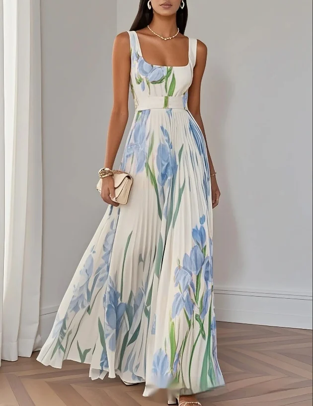 Floral Print Pleated Dress Summer A-Line Sleeveless Midi Dresses Women's Clothing - Image 7