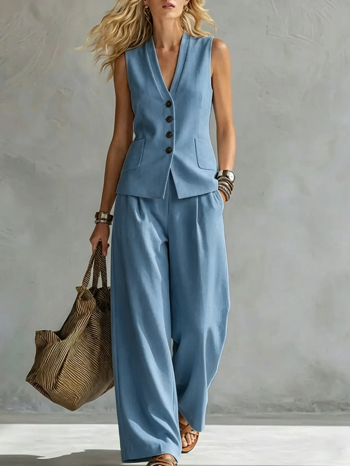 Two-piece V-Neck Sleeveless Vest And Wide Leg Pants For Women Summer Solid-Colored Sleeveless Casual Linen Tank Top And Pants Set - Image 7