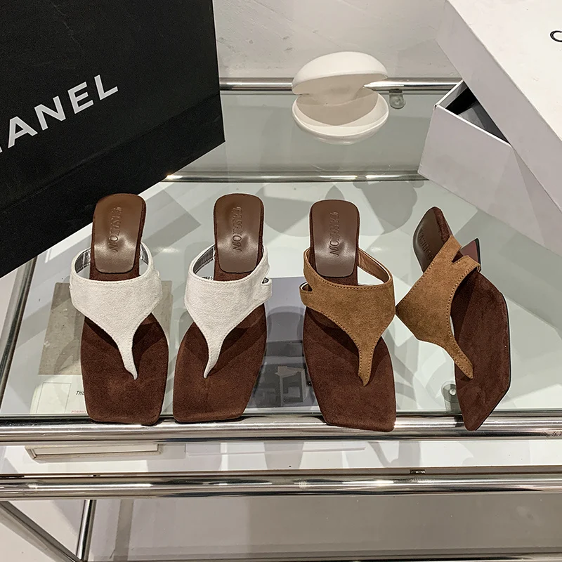 In Stock Elegant Square Toe Thong High Heel Sandals For Women, Stylish Comfort Open Toe Summer Casual Slides
