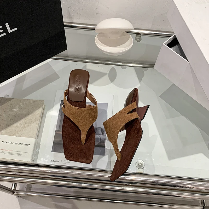 In Stock Elegant Square Toe Thong High Heel Sandals For Women, Stylish Comfort Open Toe Summer Casual Slides - Image 5