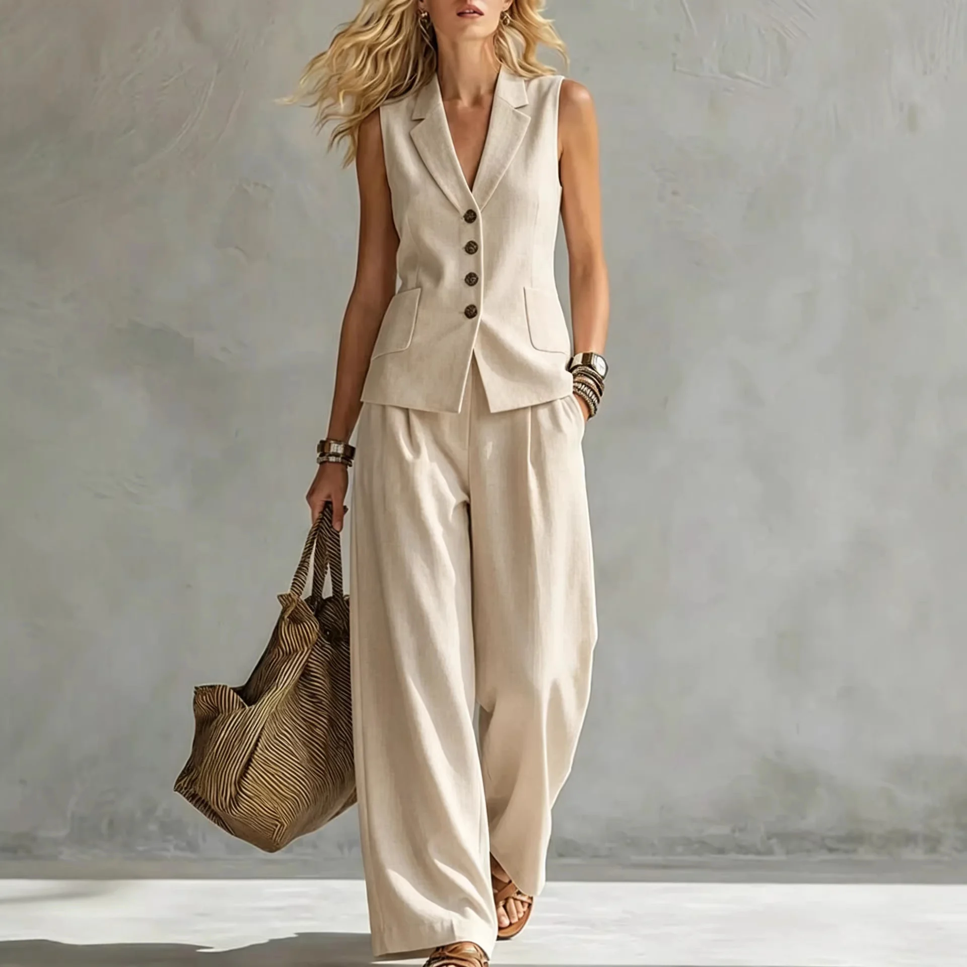 Two-piece V-Neck Sleeveless Vest And Wide Leg Pants For Women Summer Solid-Colored Sleeveless Casual Linen Tank Top And Pants Set - Image 9