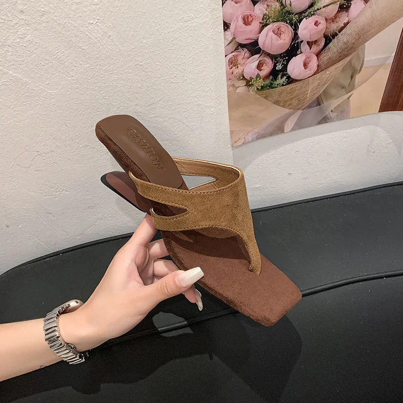 In Stock Elegant Square Toe Thong High Heel Sandals For Women, Stylish Comfort Open Toe Summer Casual Slides - Image 4