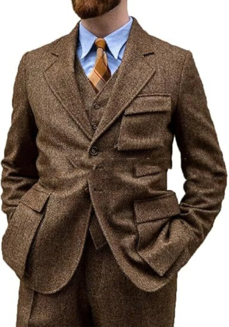 Herringbone Slim-Fit Groomsmen Three-Piece Suit Set For Balls Evening Parties And Casual Business Wear - Image 3
