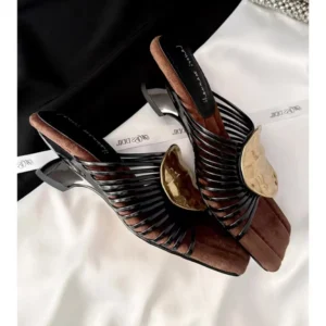 French Thin Strap Woven Roman Sandals With Metal Decorations, Small Wedge Gold Stylish Slide Sandals For Women