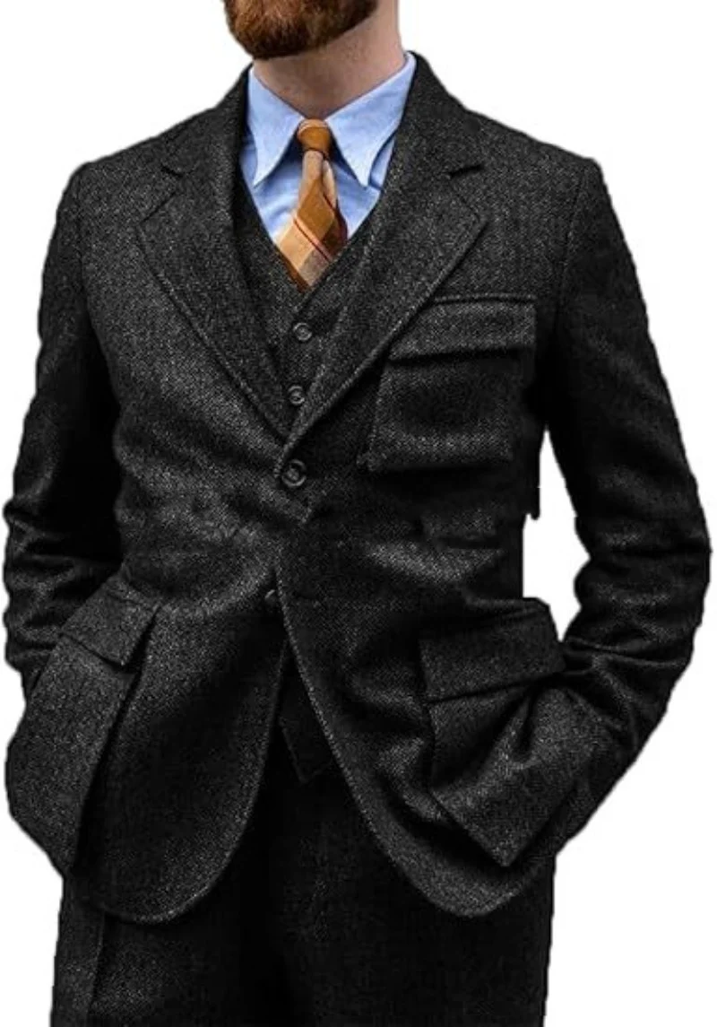 Herringbone Slim-Fit Groomsmen Three-Piece Suit Set For Balls Evening Parties And Casual Business Wear - Image 7