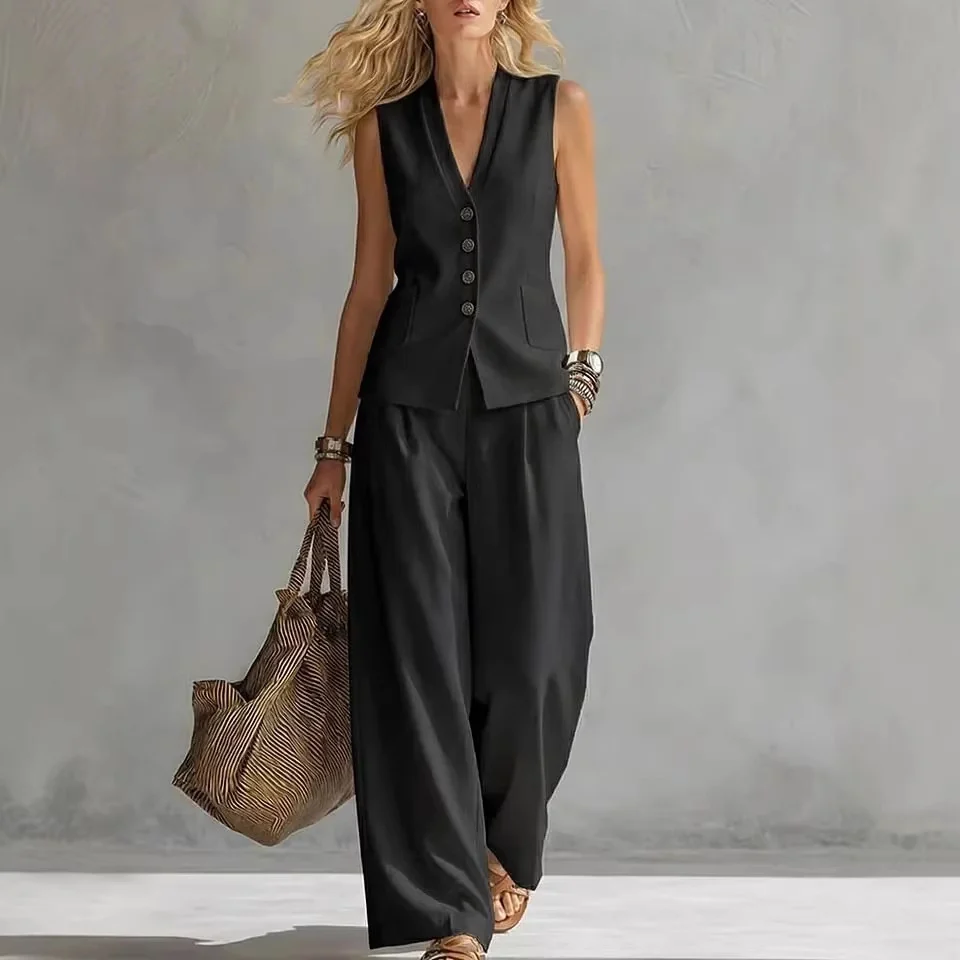 Two-piece V-Neck Sleeveless Vest And Wide Leg Pants For Women Summer Solid-Colored Sleeveless Casual Linen Tank Top And Pants Set - Image 5