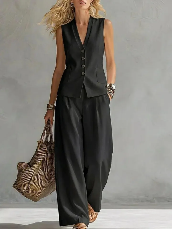 Two-piece V-Neck Sleeveless Vest And Wide Leg Pants For Women Summer Solid-Colored Sleeveless Casual Linen Tank Top And Pants Set - Image 2