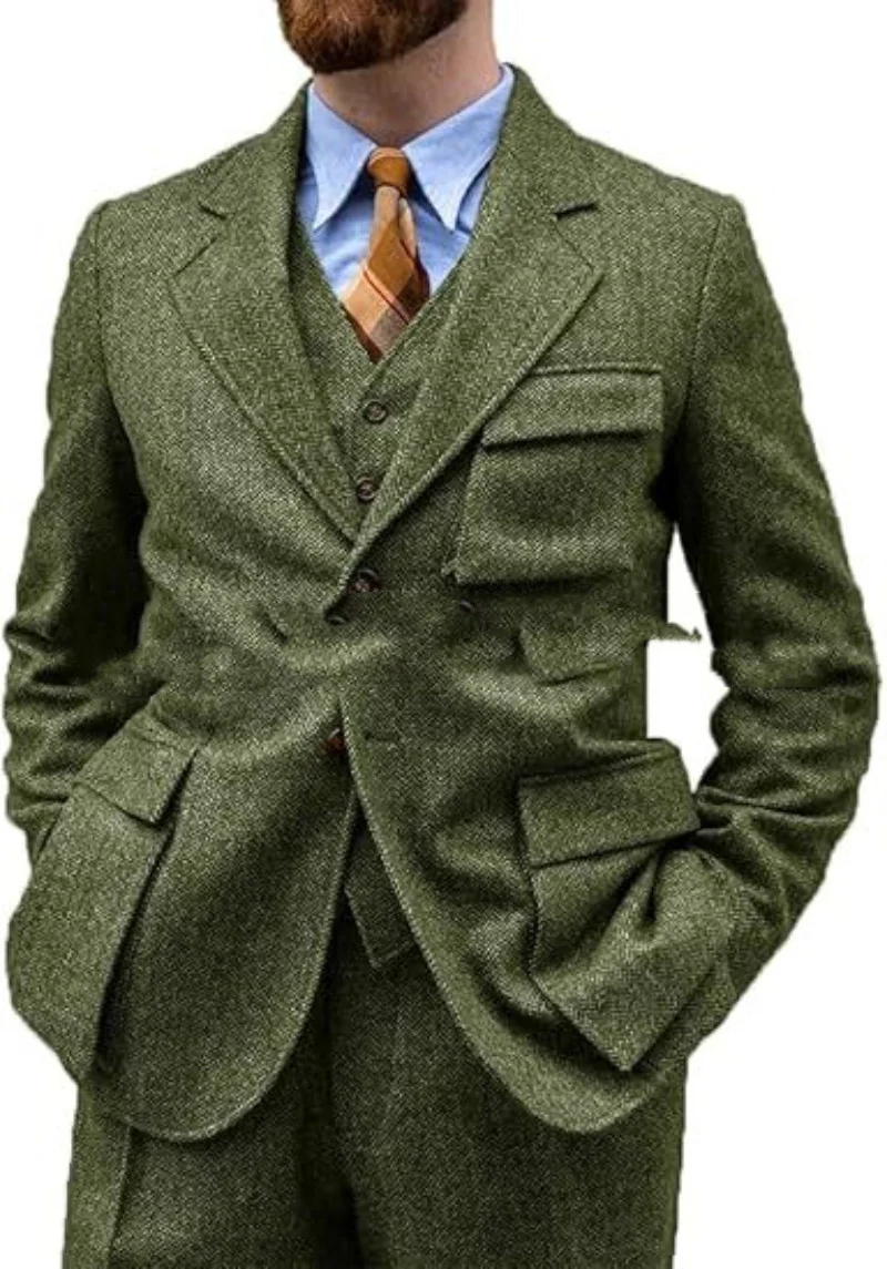 Herringbone Slim-Fit Groomsmen Three-Piece Suit Set For Balls Evening Parties And Casual Business Wear - Image 2