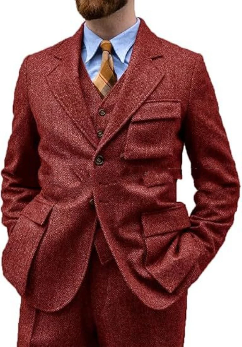 Herringbone Slim-Fit Groomsmen Three-Piece Suit Set For Balls Evening Parties And Casual Business Wear - Image 4