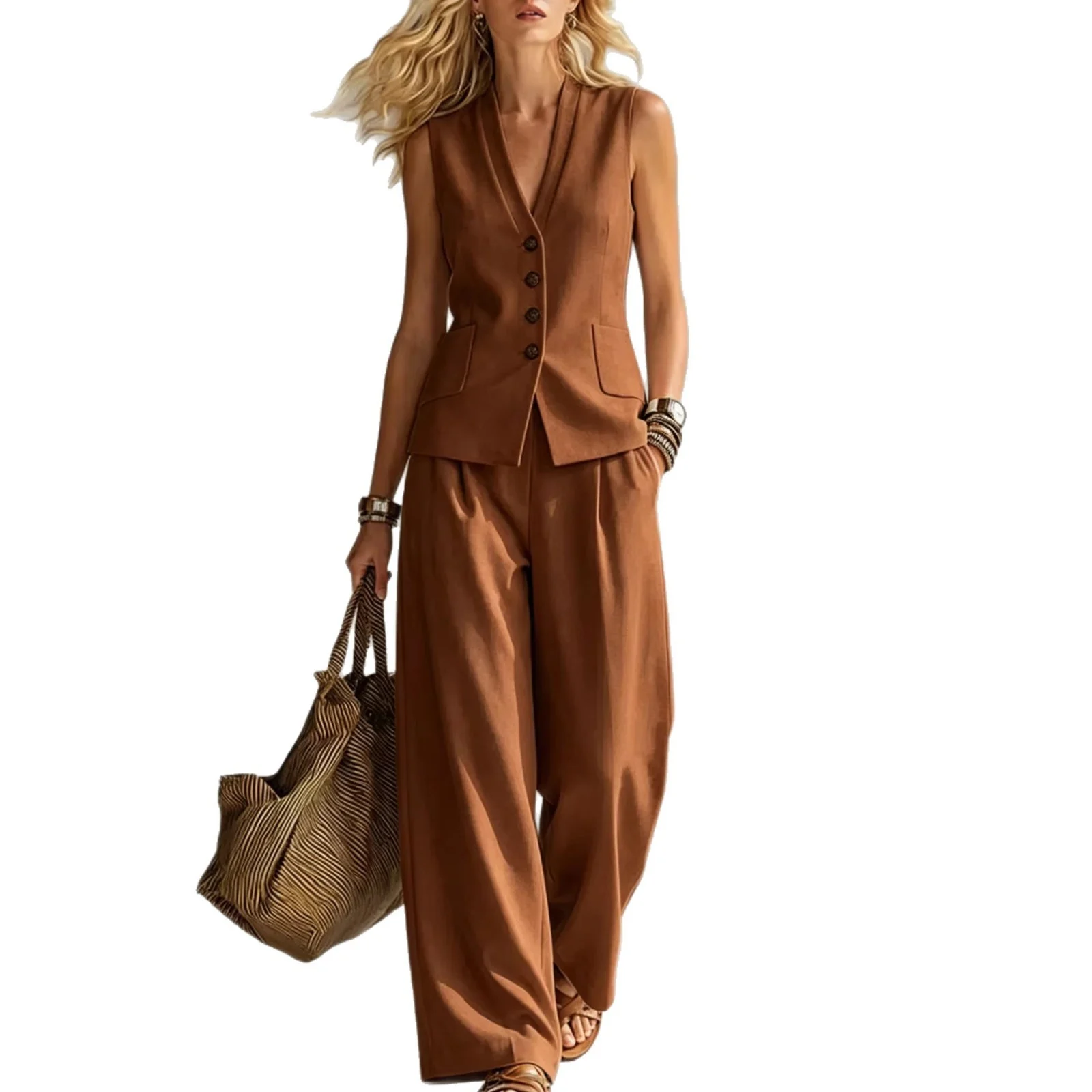 Two-piece V-Neck Sleeveless Vest And Wide Leg Pants For Women Summer Solid-Colored Sleeveless Casual Linen Tank Top And Pants Set - Image 10