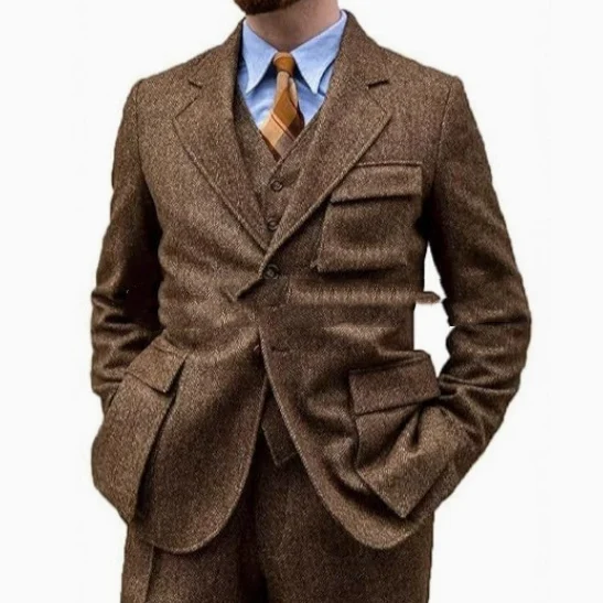 Herringbone Slim-Fit Groomsmen Three-Piece Suit Set For Balls Evening Parties And Casual Business Wear