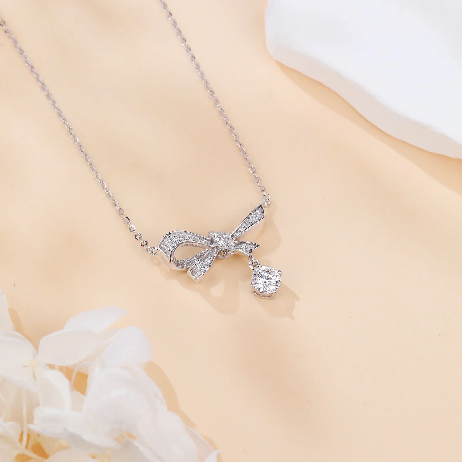 925 Sterling Silver Elegant Silver Bow Necklace With Dangling Moissanite Pendant Sparkling Charm - Image 6