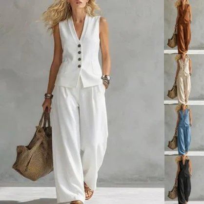 Two-piece V-Neck Sleeveless Vest And Wide Leg Pants For Women Summer Solid-Colored Sleeveless Casual Linen Tank Top And Pants Set