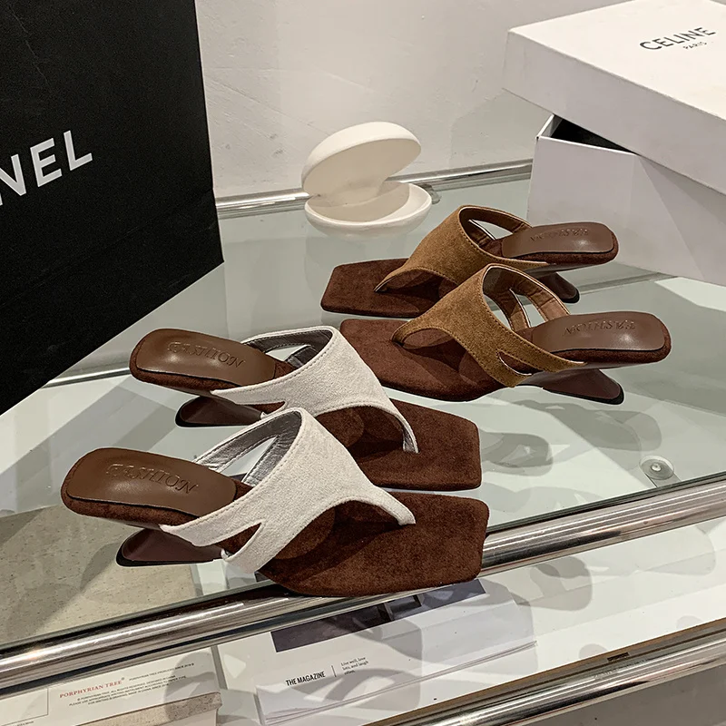 In Stock Elegant Square Toe Thong High Heel Sandals For Women, Stylish Comfort Open Toe Summer Casual Slides - Image 3