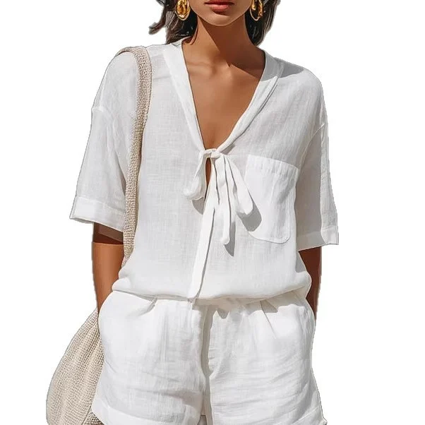 Summer New Solid Color Casual Cardigan Lace-up Short-sleeve Shirt Loose Shorts Set For Women - Image 3
