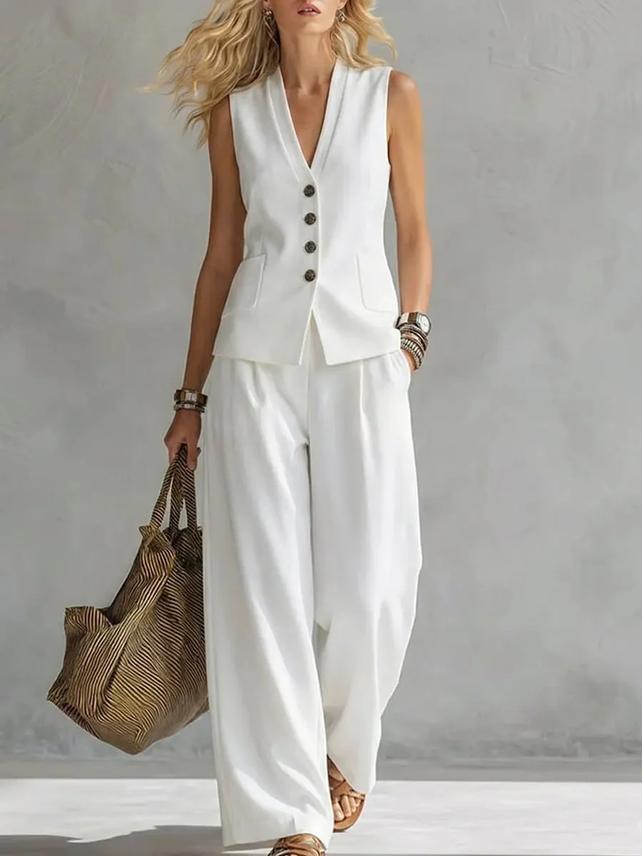 Two-piece V-Neck Sleeveless Vest And Wide Leg Pants For Women Summer Solid-Colored Sleeveless Casual Linen Tank Top And Pants Set - Image 6
