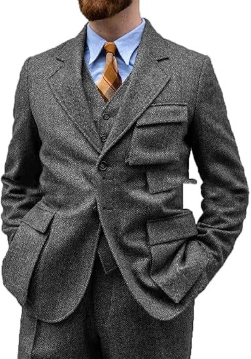 Herringbone Slim-Fit Groomsmen Three-Piece Suit Set For Balls Evening Parties And Casual Business Wear - Image 6