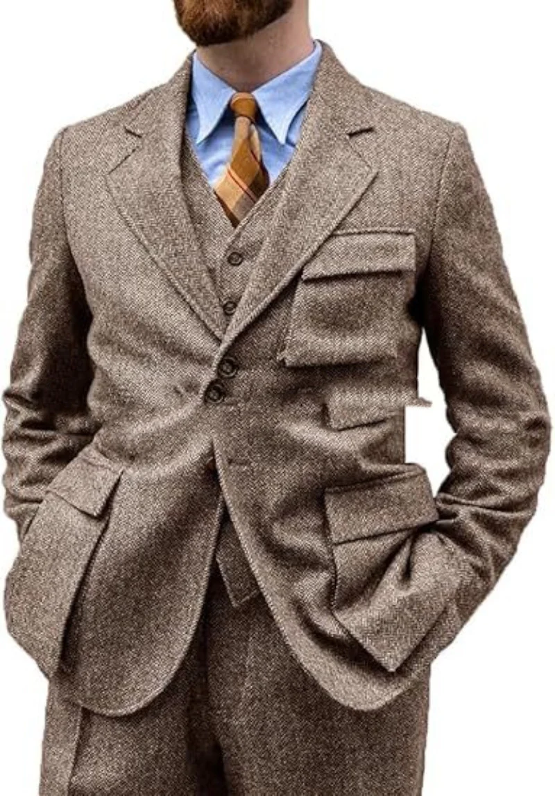 Herringbone Slim-Fit Groomsmen Three-Piece Suit Set For Balls Evening Parties And Casual Business Wear - Image 5