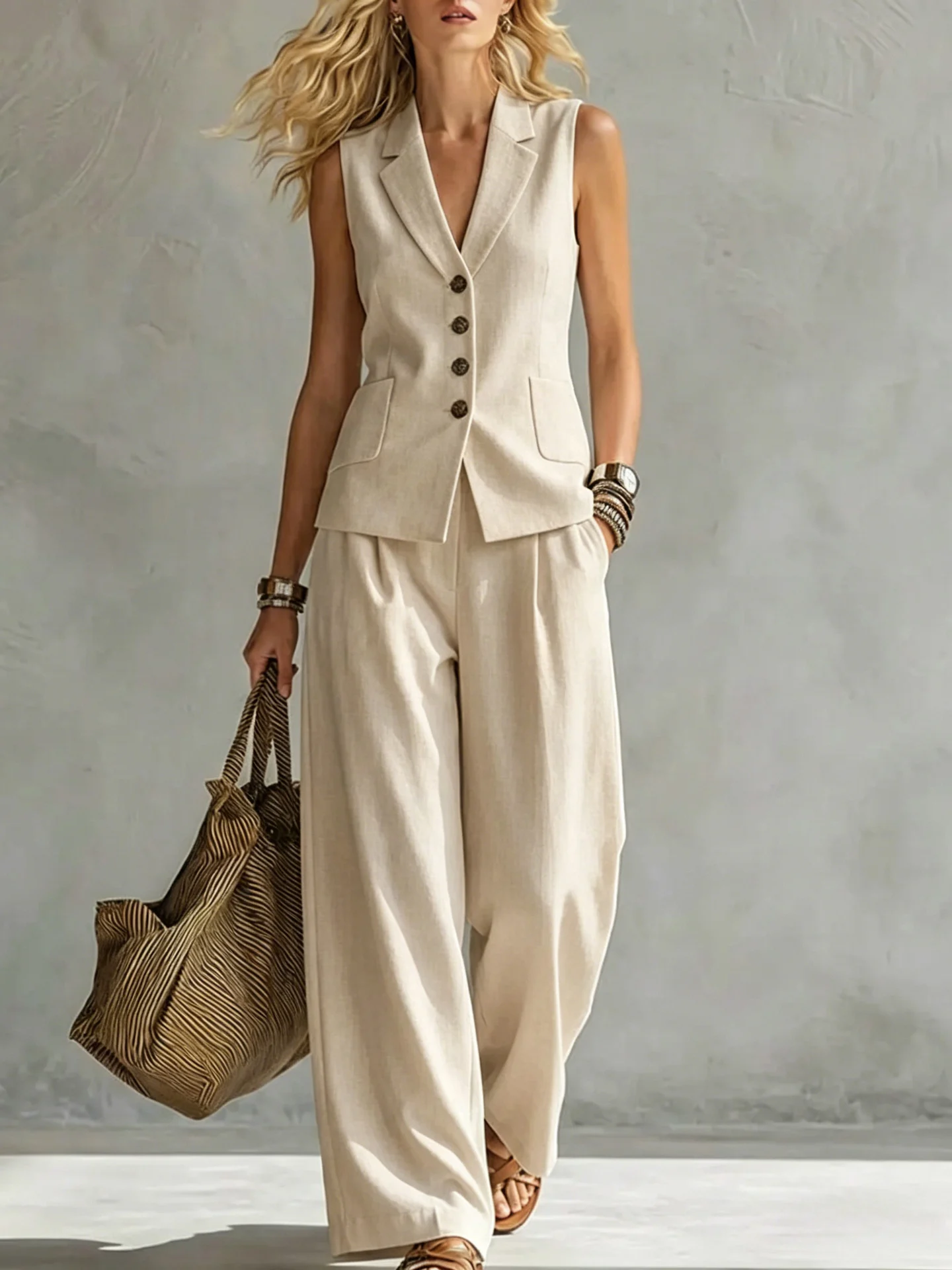 Two-piece V-Neck Sleeveless Vest And Wide Leg Pants For Women Summer Solid-Colored Sleeveless Casual Linen Tank Top And Pants Set - Image 3