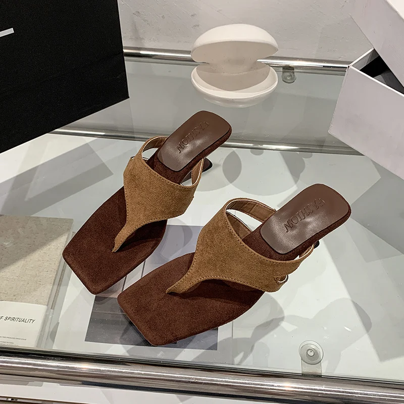 In Stock Elegant Square Toe Thong High Heel Sandals For Women, Stylish Comfort Open Toe Summer Casual Slides - Image 6