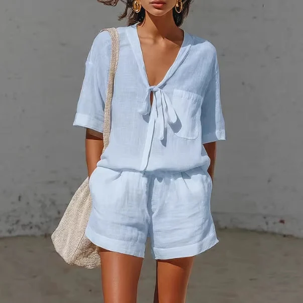 Summer New Solid Color Casual Cardigan Lace-up Short-sleeve Shirt Loose Shorts Set For Women - Image 5