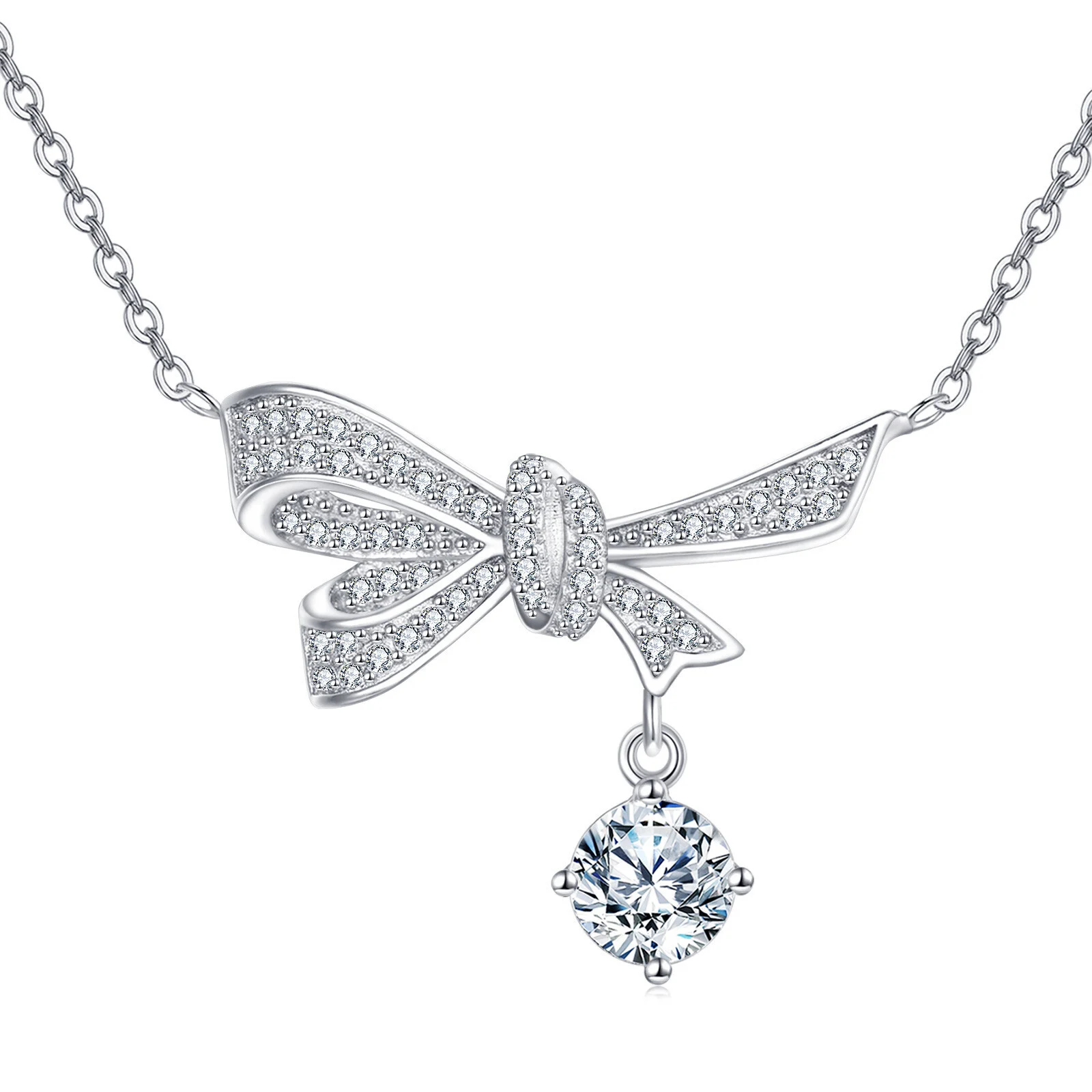 925 Sterling Silver Elegant Silver Bow Necklace With Dangling Moissanite Pendant Sparkling Charm - Image 5