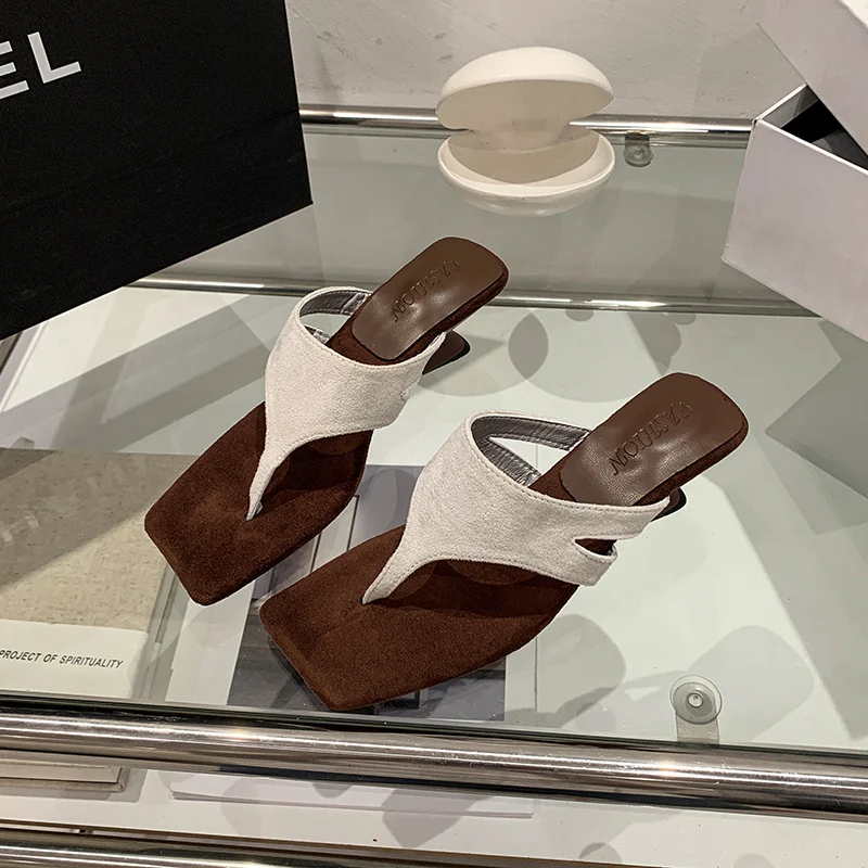In Stock Elegant Square Toe Thong High Heel Sandals For Women, Stylish Comfort Open Toe Summer Casual Slides - Image 9