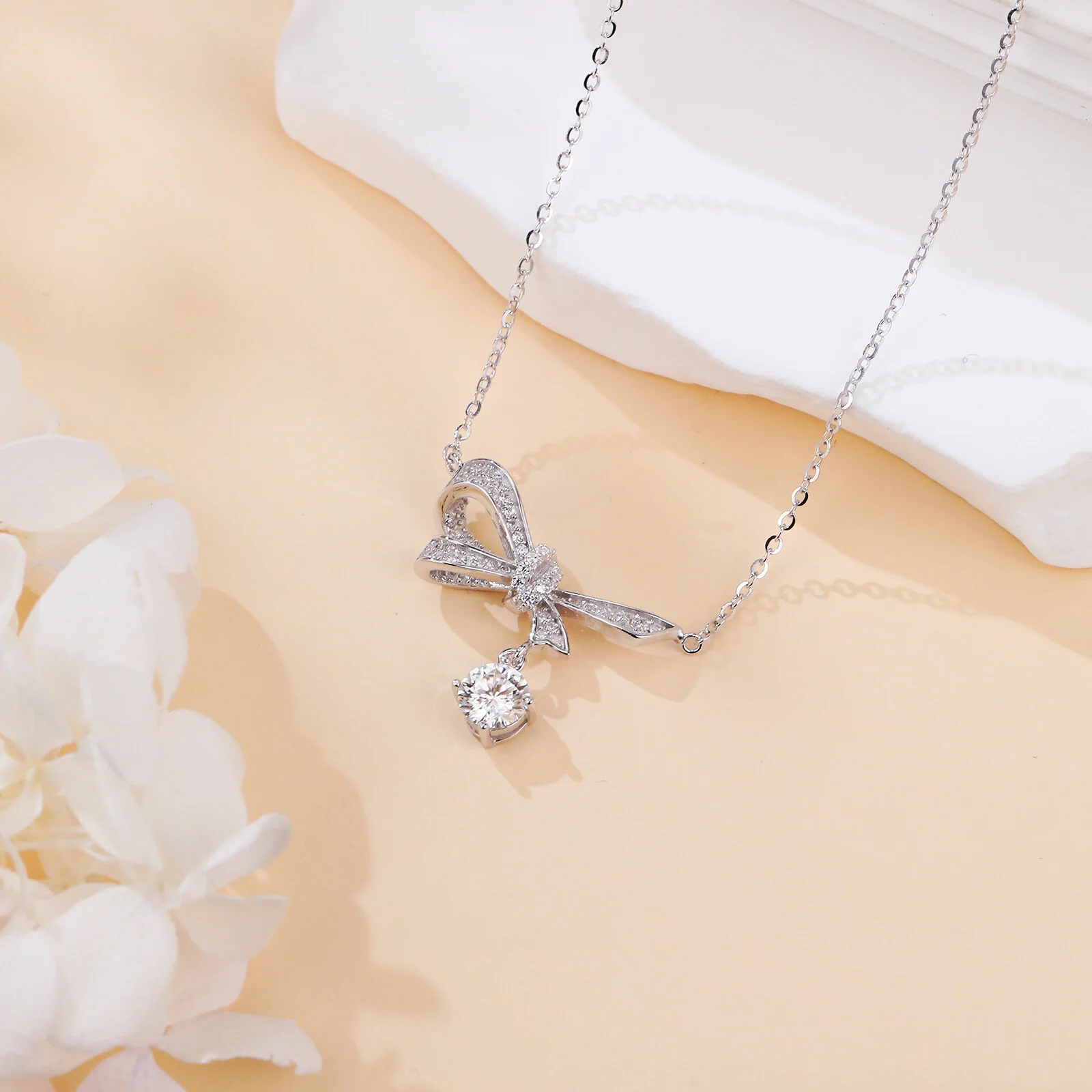 925 Sterling Silver Elegant Silver Bow Necklace With Dangling Moissanite Pendant Sparkling Charm - Image 2